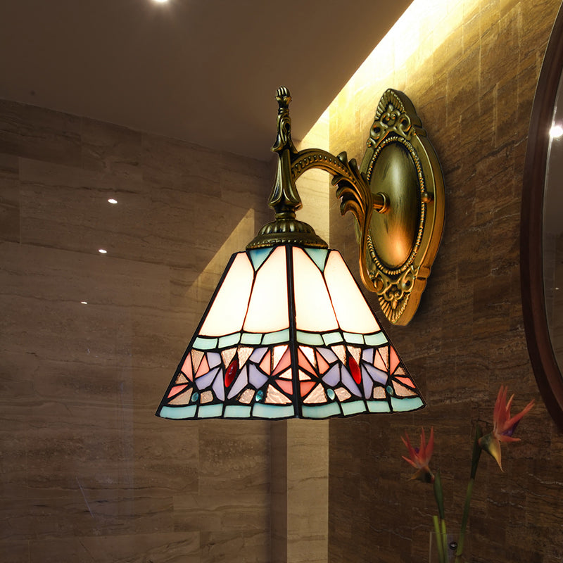 Conical Wall Mount Light Stained Glass 1 Light Tiffany Art Deco Wall Lighting in Pink for Bedroom Clearhalo 'Industrial' 'Middle century wall lights' 'Tiffany wall lights' 'Tiffany' 'Wall Lamps & Sconces' 'Wall Lights' Lighting' 174058