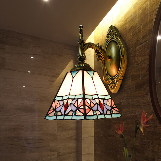 Conical Wall Mount Light Stained Glass 1 Light Tiffany Art Deco Wall Lighting in Pink for Bedroom Clearhalo 'Industrial' 'Middle century wall lights' 'Tiffany wall lights' 'Tiffany' 'Wall Lamps & Sconces' 'Wall Lights' Lighting' 174058
