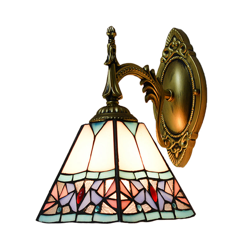Conical Wall Mount Light Stained Glass 1 Light Tiffany Art Deco Wall Lighting in Pink for Bedroom Clearhalo 'Industrial' 'Middle century wall lights' 'Tiffany wall lights' 'Tiffany' 'Wall Lamps & Sconces' 'Wall Lights' Lighting' 174059