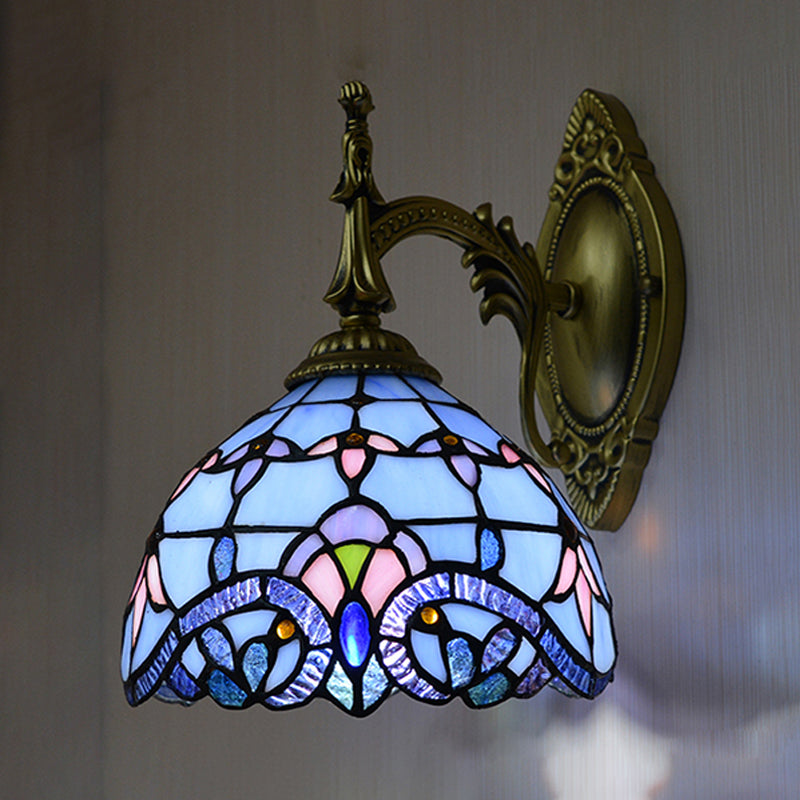 Victorian Wall Sconce with Bowl Shade Stained Glass 1 Head Wall Lighting in Blue for Living Room Blue Clearhalo 'Industrial' 'Middle century wall lights' 'Tiffany wall lights' 'Tiffany' 'Wall Lamps & Sconces' 'Wall Lights' Lighting' 174095