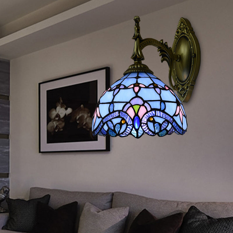 Victorian Wall Sconce with Bowl Shade Stained Glass 1 Head Wall Lighting in Blue for Living Room Clearhalo 'Industrial' 'Middle century wall lights' 'Tiffany wall lights' 'Tiffany' 'Wall Lamps & Sconces' 'Wall Lights' Lighting' 174096