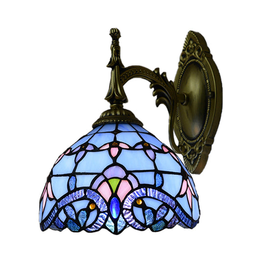 Victorian Wall Sconce with Bowl Shade Stained Glass 1 Head Wall Lighting in Blue for Living Room Clearhalo 'Industrial' 'Middle century wall lights' 'Tiffany wall lights' 'Tiffany' 'Wall Lamps & Sconces' 'Wall Lights' Lighting' 174097