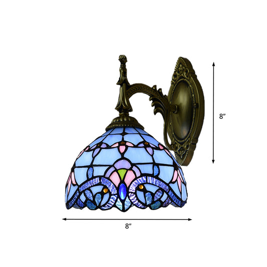 Victorian Wall Sconce with Bowl Shade Stained Glass 1 Head Wall Lighting in Blue for Living Room Clearhalo 'Industrial' 'Middle century wall lights' 'Tiffany wall lights' 'Tiffany' 'Wall Lamps & Sconces' 'Wall Lights' Lighting' 174098