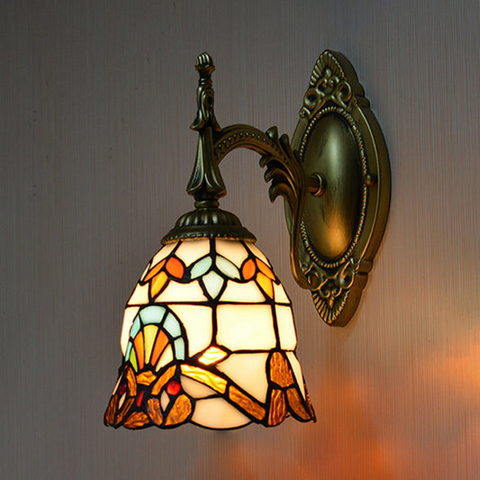 Stained Glass Bell Sconce Lighting Baroque Style 1 Light Wall Light Fixture for Bedside Beige Clearhalo 'Industrial' 'Middle century wall lights' 'Tiffany wall lights' 'Tiffany' 'Wall Lamps & Sconces' 'Wall Lights' Lighting' 174099
