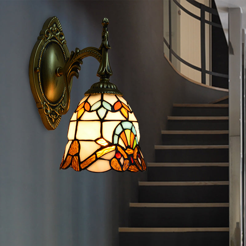 Stained Glass Bell Sconce Lighting Baroque Style 1 Light Wall Light Fixture for Bedside Clearhalo 'Industrial' 'Middle century wall lights' 'Tiffany wall lights' 'Tiffany' 'Wall Lamps & Sconces' 'Wall Lights' Lighting' 174100
