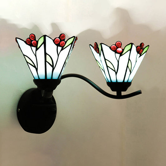 Blue Glass Lily Sconce Light Fixture Tiffany 2 Heads Black Wall Mounted Lamp for Corridor Blue Clearhalo 'Industrial' 'Middle century wall lights' 'Tiffany wall lights' 'Tiffany' 'Wall Lamps & Sconces' 'Wall Lights' Lighting' 174112