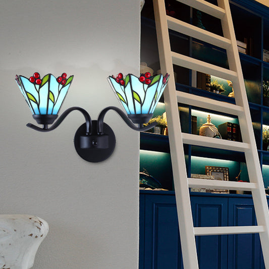 Blue Glass Lily Sconce Light Fixture Tiffany 2 Heads Black Wall Mounted Lamp for Corridor Clearhalo 'Industrial' 'Middle century wall lights' 'Tiffany wall lights' 'Tiffany' 'Wall Lamps & Sconces' 'Wall Lights' Lighting' 174113
