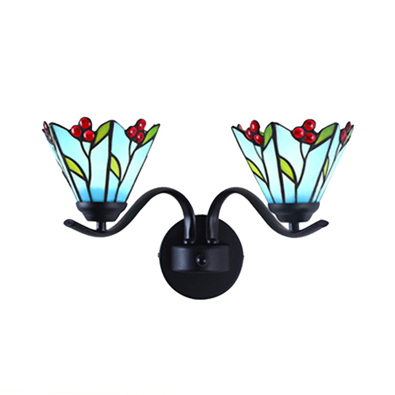 Blue Glass Lily Sconce Light Fixture Tiffany 2 Heads Black Wall Mounted Lamp for Corridor Clearhalo 'Industrial' 'Middle century wall lights' 'Tiffany wall lights' 'Tiffany' 'Wall Lamps & Sconces' 'Wall Lights' Lighting' 174114