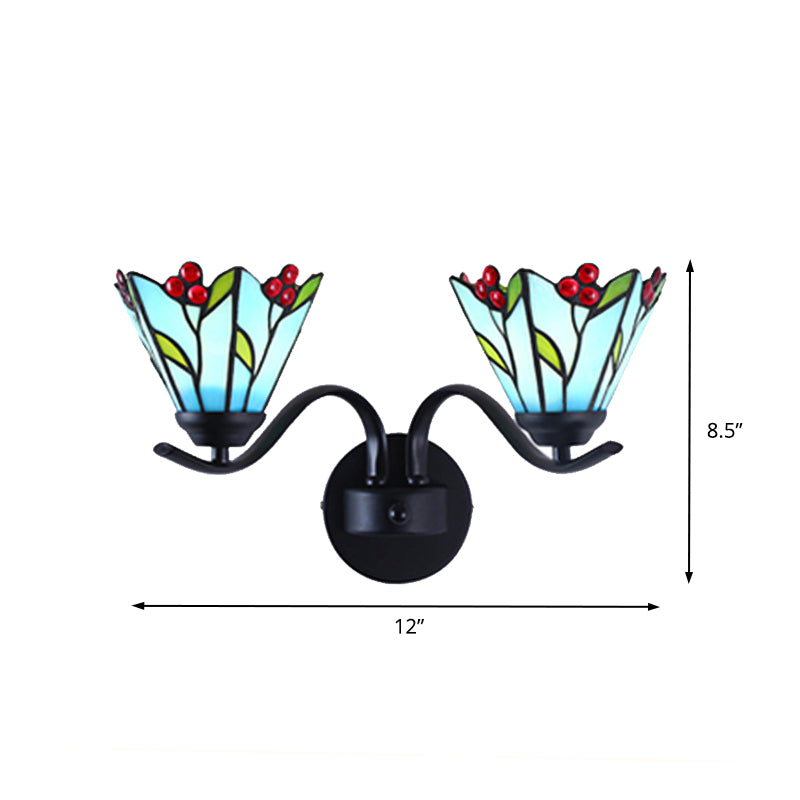 Blue Glass Lily Sconce Light Fixture Tiffany 2 Heads Black Wall Mounted Lamp for Corridor Clearhalo 'Industrial' 'Middle century wall lights' 'Tiffany wall lights' 'Tiffany' 'Wall Lamps & Sconces' 'Wall Lights' Lighting' 174115