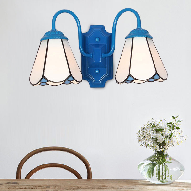 Cone Wall Light Fixture Tiffany White Glass 2 Heads Blue Sconce Lighting for Living Room Blue Clearhalo 'Industrial' 'Middle century wall lights' 'Tiffany wall lights' 'Tiffany' 'Wall Lamps & Sconces' 'Wall Lights' Lighting' 174141