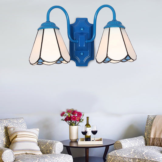 Cone Wall Light Fixture Tiffany White Glass 2 Heads Blue Sconce Lighting for Living Room Clearhalo 'Industrial' 'Middle century wall lights' 'Tiffany wall lights' 'Tiffany' 'Wall Lamps & Sconces' 'Wall Lights' Lighting' 174142