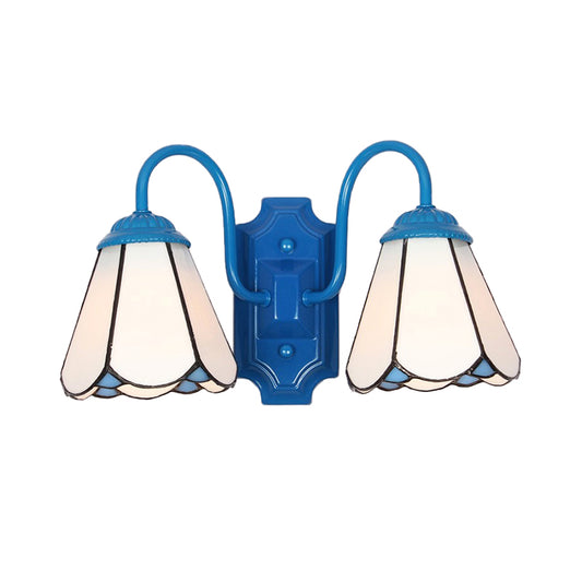 Cone Wall Light Fixture Tiffany White Glass 2 Heads Blue Sconce Lighting for Living Room Clearhalo 'Industrial' 'Middle century wall lights' 'Tiffany wall lights' 'Tiffany' 'Wall Lamps & Sconces' 'Wall Lights' Lighting' 174143