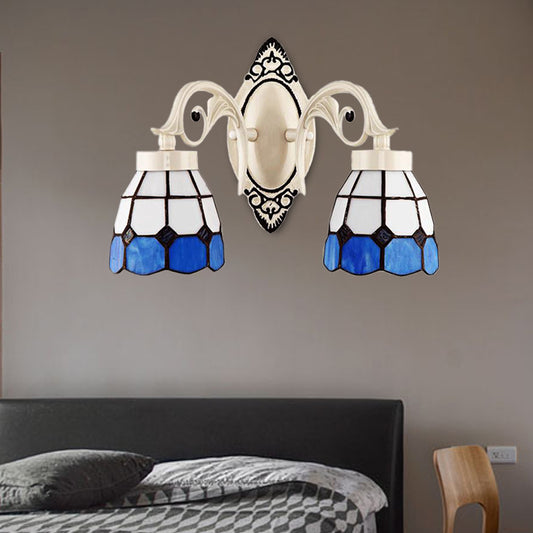 Bowl Shade Bedroom Wall Light Stained Glass 2 Lights Tiffany Style Sconce Light in White Clearhalo 'Industrial' 'Middle century wall lights' 'Tiffany wall lights' 'Tiffany' 'Wall Lamps & Sconces' 'Wall Lights' Lighting' 174165