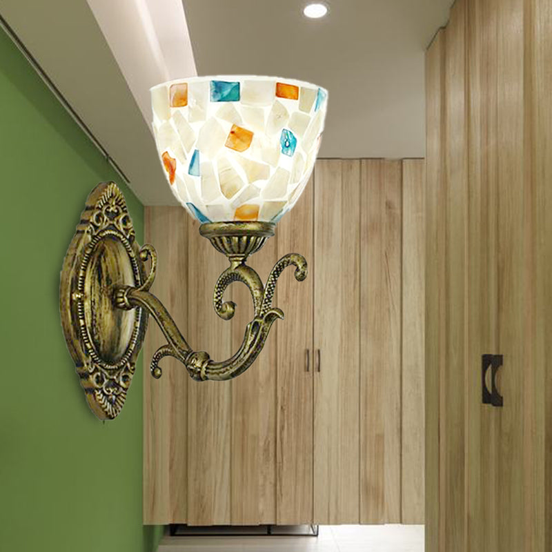 Shell Wall Mount Light with Bowl Shade Tiffany Style 1 Light Wall Lighting in Aged Brass White Clearhalo 'Industrial' 'Middle century wall lights' 'Tiffany wall lights' 'Tiffany' 'Wall Lamps & Sconces' 'Wall Lights' Lighting' 174201