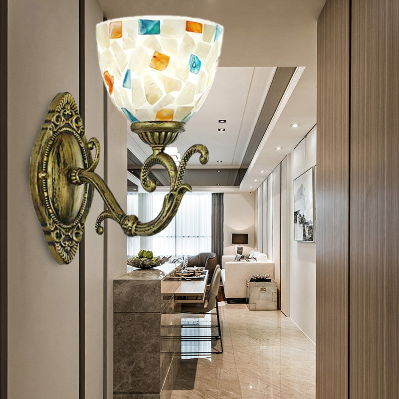 Shell Wall Mount Light with Bowl Shade Tiffany Style 1 Light Wall Lighting in Aged Brass Clearhalo 'Industrial' 'Middle century wall lights' 'Tiffany wall lights' 'Tiffany' 'Wall Lamps & Sconces' 'Wall Lights' Lighting' 174202
