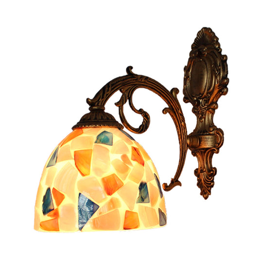 1 Light Wall Light with Beige/White-Gray/Yellow-Blue Shade Tiffany Mosaic Shell Wall Sconce Light in Brass for Bedroom Clearhalo 'Industrial' 'Middle century wall lights' 'Tiffany wall lights' 'Tiffany' 'Wall Lamps & Sconces' 'Wall Lights' Lighting' 174223