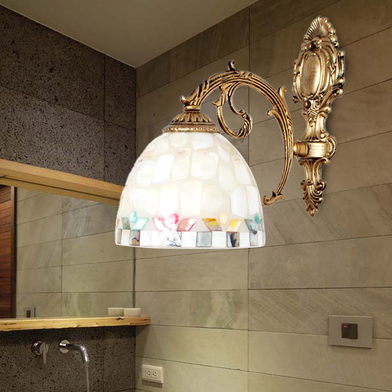 1 Light Wall Light with Beige/White-Gray/Yellow-Blue Shade Tiffany Mosaic Shell Wall Sconce Light in Brass for Bedroom White-Gray Clearhalo 'Industrial' 'Middle century wall lights' 'Tiffany wall lights' 'Tiffany' 'Wall Lamps & Sconces' 'Wall Lights' Lighting' 174225
