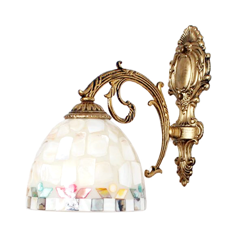 1 Light Wall Light with Beige/White-Gray/Yellow-Blue Shade Tiffany Mosaic Shell Wall Sconce Light in Brass for Bedroom Clearhalo 'Industrial' 'Middle century wall lights' 'Tiffany wall lights' 'Tiffany' 'Wall Lamps & Sconces' 'Wall Lights' Lighting' 174227