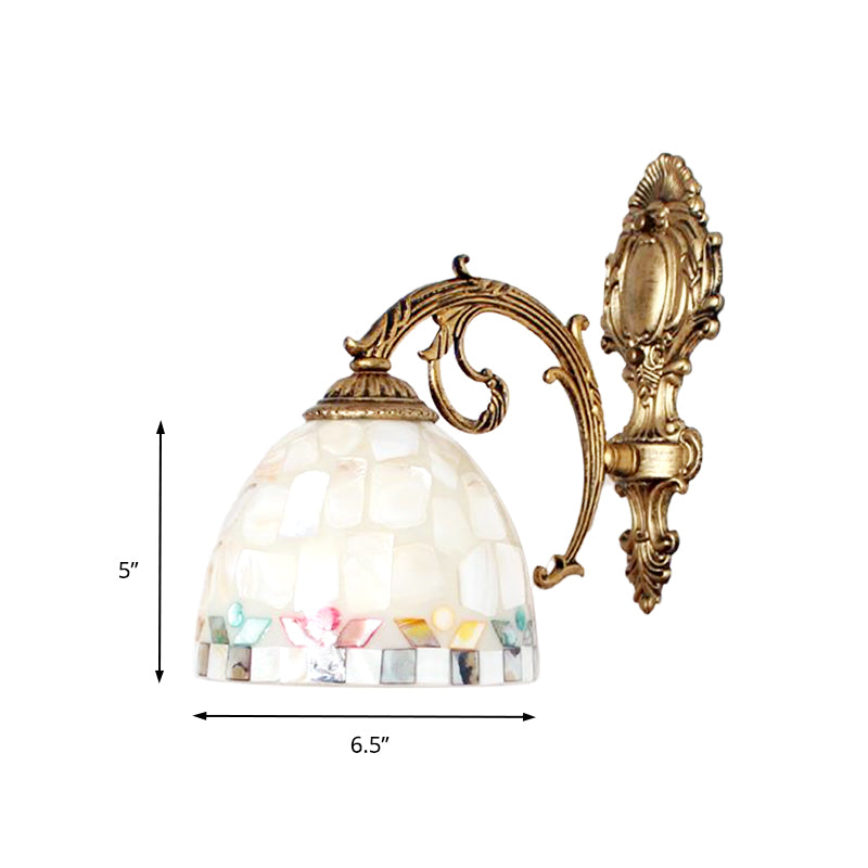1 Light Wall Light with Beige/White-Gray/Yellow-Blue Shade Tiffany Mosaic Shell Wall Sconce Light in Brass for Bedroom Clearhalo 'Industrial' 'Middle century wall lights' 'Tiffany wall lights' 'Tiffany' 'Wall Lamps & Sconces' 'Wall Lights' Lighting' 174228