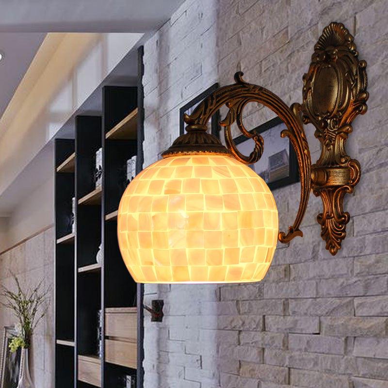 1 Light Wall Light with Beige/White-Gray/Yellow-Blue Shade Tiffany Mosaic Shell Wall Sconce Light in Brass for Bedroom Clearhalo 'Industrial' 'Middle century wall lights' 'Tiffany wall lights' 'Tiffany' 'Wall Lamps & Sconces' 'Wall Lights' Lighting' 174230