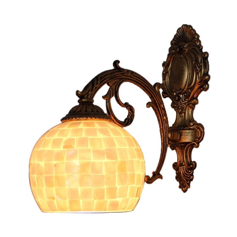 1 Light Wall Light with Beige/White-Gray/Yellow-Blue Shade Tiffany Mosaic Shell Wall Sconce Light in Brass for Bedroom Clearhalo 'Industrial' 'Middle century wall lights' 'Tiffany wall lights' 'Tiffany' 'Wall Lamps & Sconces' 'Wall Lights' Lighting' 174231