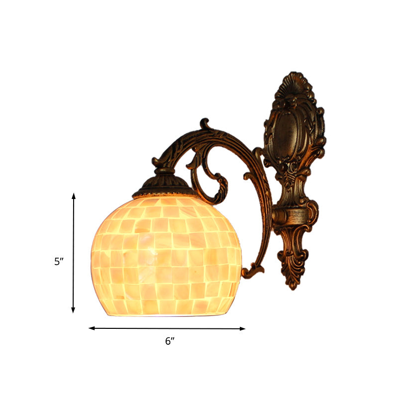 1 Light Wall Light with Beige/White-Gray/Yellow-Blue Shade Tiffany Mosaic Shell Wall Sconce Light in Brass for Bedroom Clearhalo 'Industrial' 'Middle century wall lights' 'Tiffany wall lights' 'Tiffany' 'Wall Lamps & Sconces' 'Wall Lights' Lighting' 174232