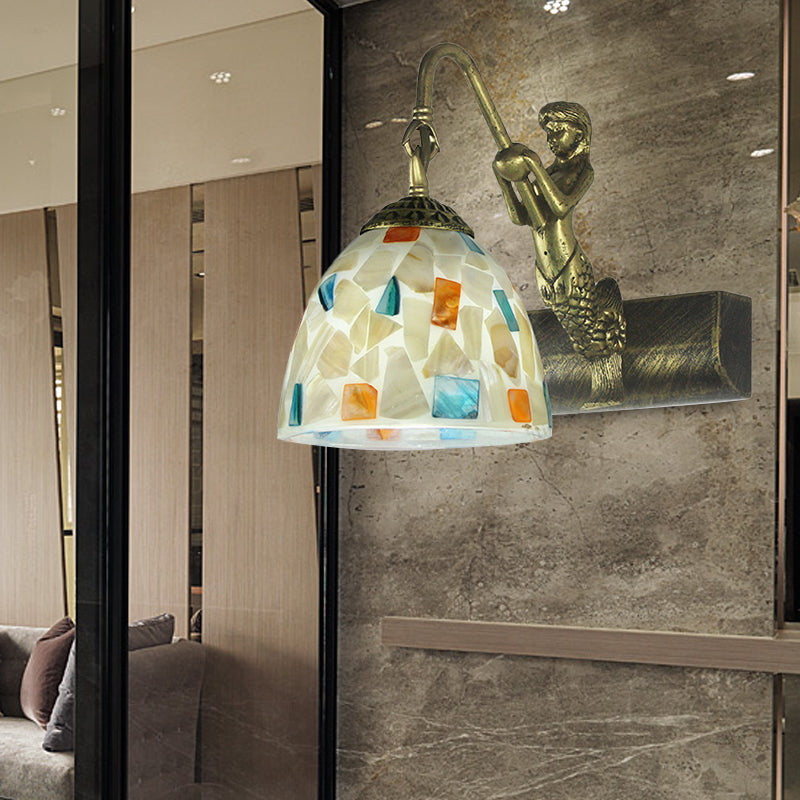 Bowl Wall Light Fixture Tiffany Shell 1 Head White Sconce Light Fixture with Mermaid Backplate Clearhalo 'Industrial' 'Middle century wall lights' 'Tiffany wall lights' 'Tiffany' 'Wall Lamps & Sconces' 'Wall Lights' Lighting' 174270