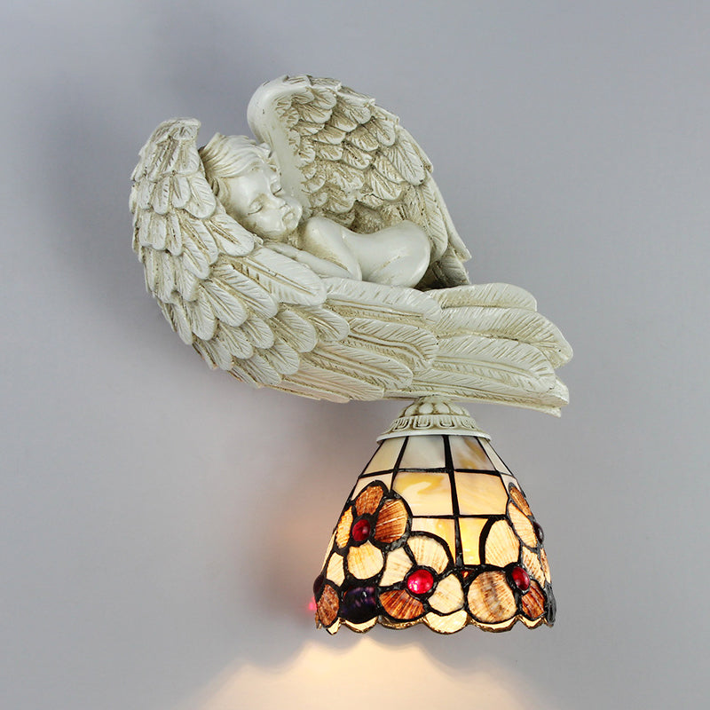 Shell Floral Wall Sconce with Sleeping Angel to the Right/Left Rustic Loft 1 Head Wall Lighting for Living Room Beige Left Clearhalo 'Industrial' 'Middle century wall lights' 'Tiffany wall lights' 'Tiffany' 'Wall Lamps & Sconces' 'Wall Lights' Lighting' 174278