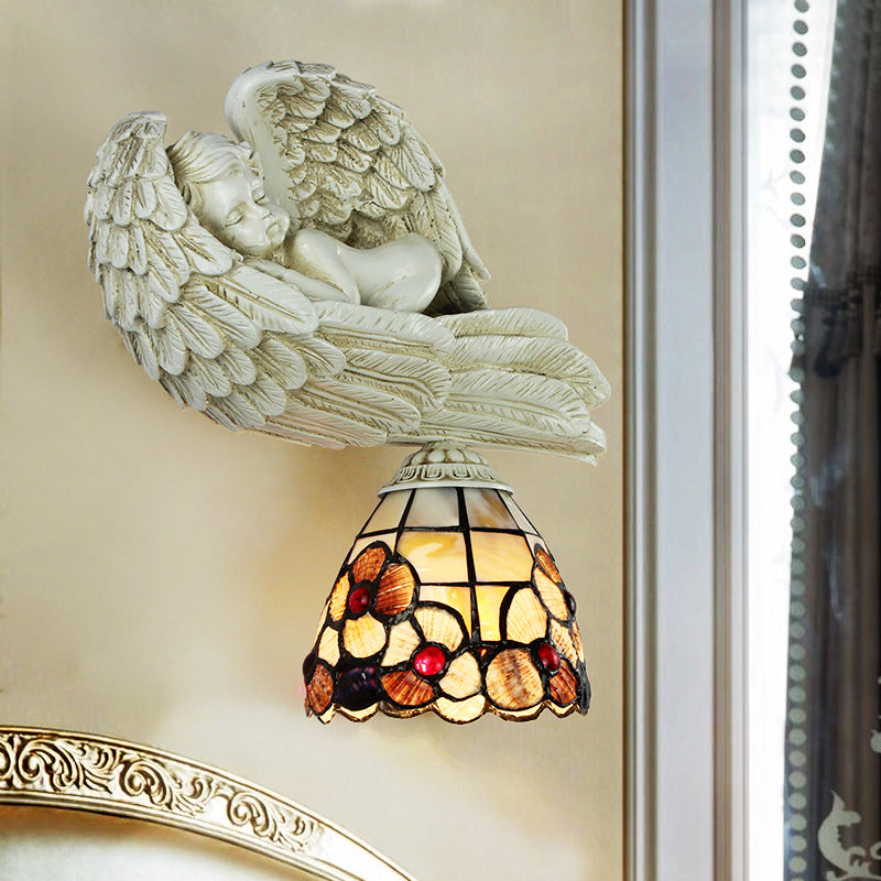 Shell Floral Wall Sconce with Sleeping Angel to the Right/Left Rustic Loft 1 Head Wall Lighting for Living Room Clearhalo 'Industrial' 'Middle century wall lights' 'Tiffany wall lights' 'Tiffany' 'Wall Lamps & Sconces' 'Wall Lights' Lighting' 174279
