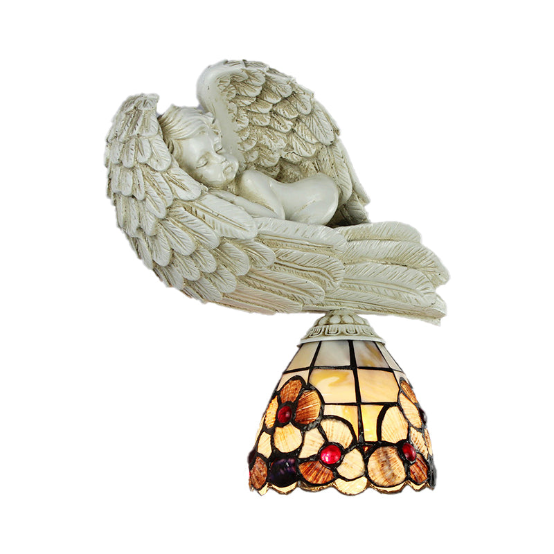 Shell Floral Wall Sconce with Sleeping Angel to the Right/Left Rustic Loft 1 Head Wall Lighting for Living Room Clearhalo 'Industrial' 'Middle century wall lights' 'Tiffany wall lights' 'Tiffany' 'Wall Lamps & Sconces' 'Wall Lights' Lighting' 174280