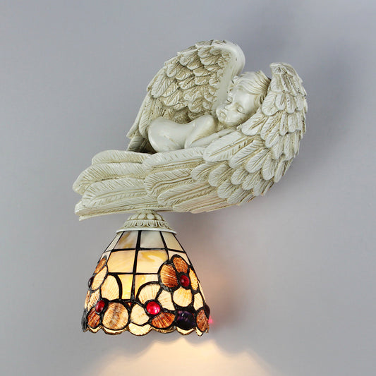 Shell Floral Wall Sconce with Sleeping Angel to the Right/Left Rustic Loft 1 Head Wall Lighting for Living Room Beige Right Clearhalo 'Industrial' 'Middle century wall lights' 'Tiffany wall lights' 'Tiffany' 'Wall Lamps & Sconces' 'Wall Lights' Lighting' 174282