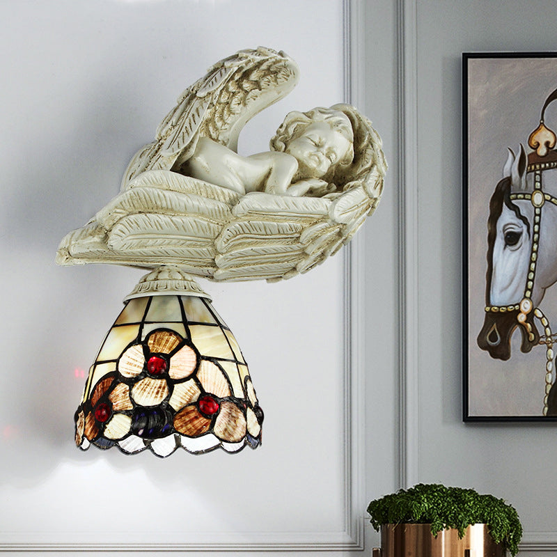 Shell Floral Wall Sconce with Sleeping Angel to the Right/Left Rustic Loft 1 Head Wall Lighting for Living Room Clearhalo 'Industrial' 'Middle century wall lights' 'Tiffany wall lights' 'Tiffany' 'Wall Lamps & Sconces' 'Wall Lights' Lighting' 174283