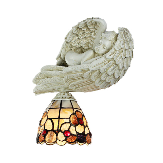 Shell Floral Wall Sconce with Sleeping Angel to the Right/Left Rustic Loft 1 Head Wall Lighting for Living Room Clearhalo 'Industrial' 'Middle century wall lights' 'Tiffany wall lights' 'Tiffany' 'Wall Lamps & Sconces' 'Wall Lights' Lighting' 174284