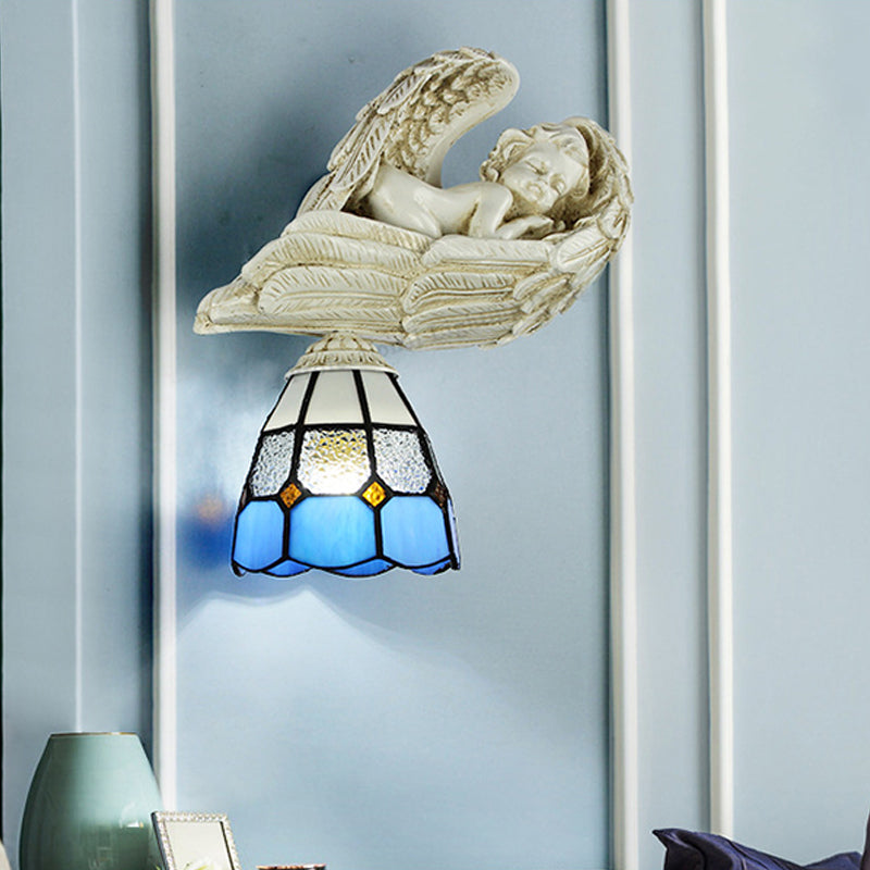 Stained Glass Dome Wall Lighting with Resin Angel Loft Tiffany 1 Light Sconce Lamp in White/Clear Clear Clearhalo 'Industrial' 'Middle century wall lights' 'Tiffany wall lights' 'Tiffany' 'Wall Lamps & Sconces' 'Wall Lights' Lighting' 174285