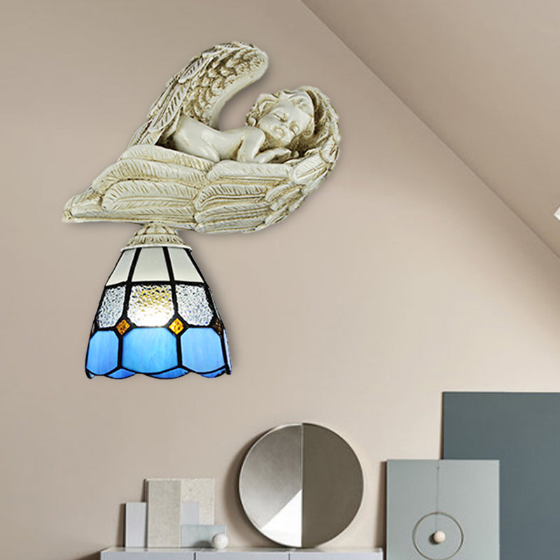 Stained Glass Dome Wall Lighting with Resin Angel Loft Tiffany 1 Light Sconce Lamp in White/Clear Clearhalo 'Industrial' 'Middle century wall lights' 'Tiffany wall lights' 'Tiffany' 'Wall Lamps & Sconces' 'Wall Lights' Lighting' 174286