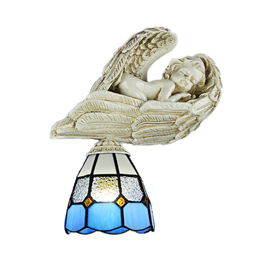 Stained Glass Dome Wall Lighting with Resin Angel Loft Tiffany 1 Light Sconce Lamp in White/Clear Clearhalo 'Industrial' 'Middle century wall lights' 'Tiffany wall lights' 'Tiffany' 'Wall Lamps & Sconces' 'Wall Lights' Lighting' 174287
