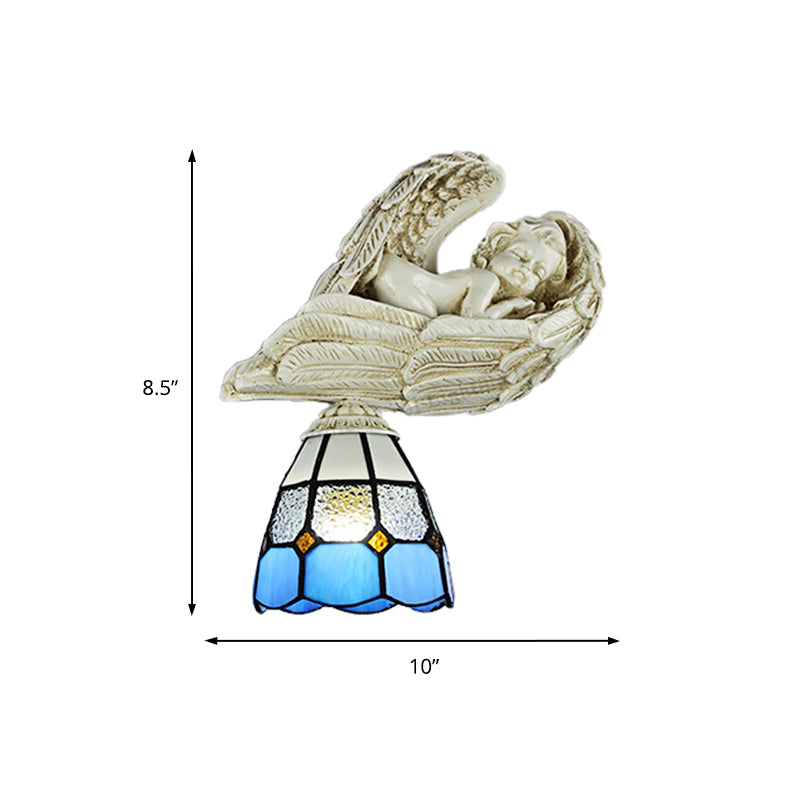 Stained Glass Dome Wall Lighting with Resin Angel Loft Tiffany 1 Light Sconce Lamp in White/Clear Clearhalo 'Industrial' 'Middle century wall lights' 'Tiffany wall lights' 'Tiffany' 'Wall Lamps & Sconces' 'Wall Lights' Lighting' 174288