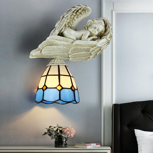 Stained Glass Dome Wall Lighting with Resin Angel Loft Tiffany 1 Light Sconce Lamp in White/Clear White Clearhalo 'Industrial' 'Middle century wall lights' 'Tiffany wall lights' 'Tiffany' 'Wall Lamps & Sconces' 'Wall Lights' Lighting' 174289