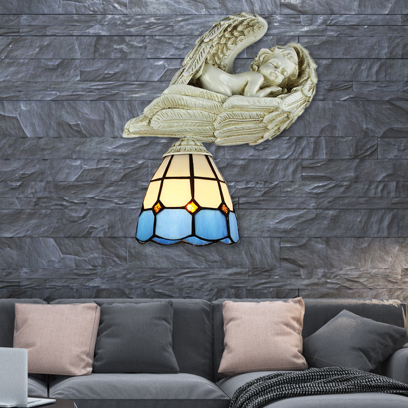Stained Glass Dome Wall Lighting with Resin Angel Loft Tiffany 1 Light Sconce Lamp in White/Clear Clearhalo 'Industrial' 'Middle century wall lights' 'Tiffany wall lights' 'Tiffany' 'Wall Lamps & Sconces' 'Wall Lights' Lighting' 174290