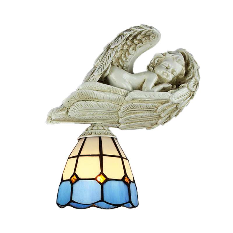 Stained Glass Dome Wall Lighting with Resin Angel Loft Tiffany 1 Light Sconce Lamp in White/Clear Clearhalo 'Industrial' 'Middle century wall lights' 'Tiffany wall lights' 'Tiffany' 'Wall Lamps & Sconces' 'Wall Lights' Lighting' 174291