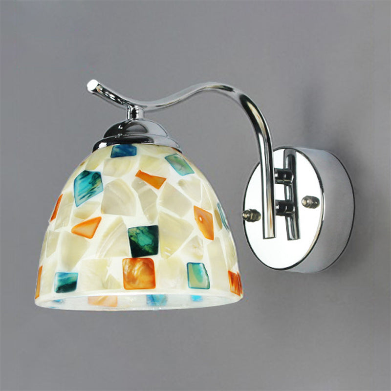 Bowl Wall Light Fixture Tiffany Stained Shell 1 Head Chrome Sconce Light with Curved Arm Chrome Clearhalo 'Industrial' 'Middle century wall lights' 'Tiffany wall lights' 'Tiffany' 'Wall Lamps & Sconces' 'Wall Lights' Lighting' 174332