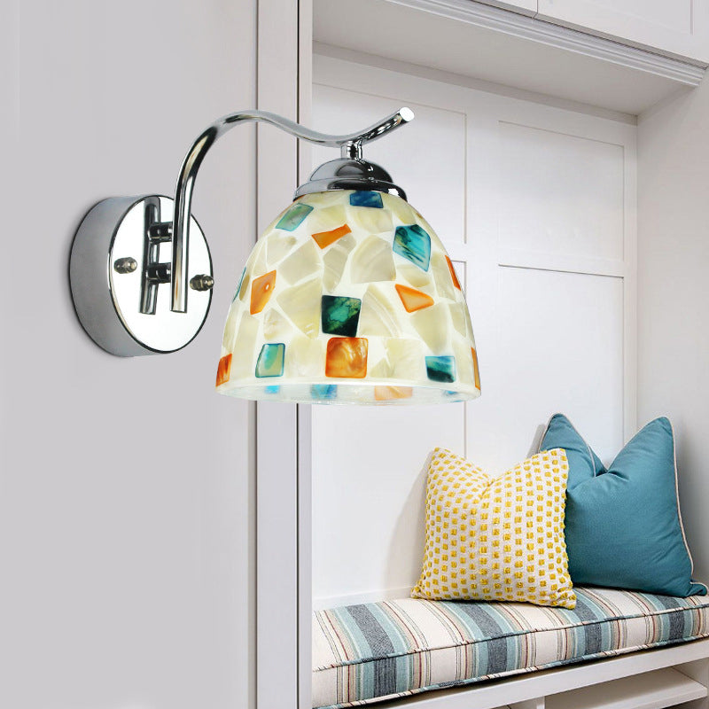 Bowl Wall Light Fixture Tiffany Stained Shell 1 Head Chrome Sconce Light with Curved Arm Clearhalo 'Industrial' 'Middle century wall lights' 'Tiffany wall lights' 'Tiffany' 'Wall Lamps & Sconces' 'Wall Lights' Lighting' 174333