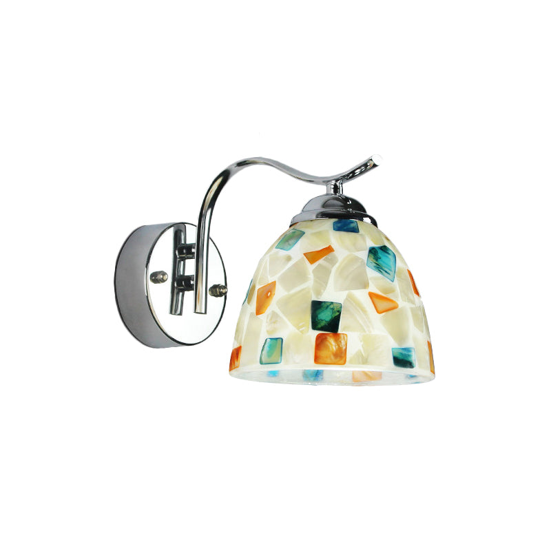 Bowl Wall Light Fixture Tiffany Stained Shell 1 Head Chrome Sconce Light with Curved Arm Clearhalo 'Industrial' 'Middle century wall lights' 'Tiffany wall lights' 'Tiffany' 'Wall Lamps & Sconces' 'Wall Lights' Lighting' 174334