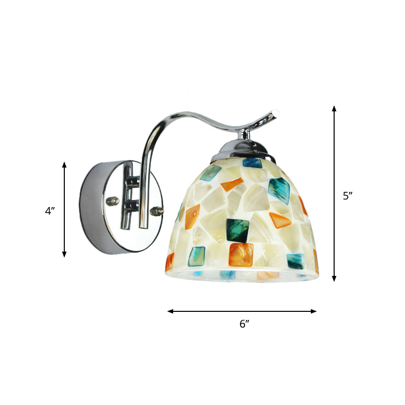 Bowl Wall Light Fixture Tiffany Stained Shell 1 Head Chrome Sconce Light with Curved Arm Clearhalo 'Industrial' 'Middle century wall lights' 'Tiffany wall lights' 'Tiffany' 'Wall Lamps & Sconces' 'Wall Lights' Lighting' 174335