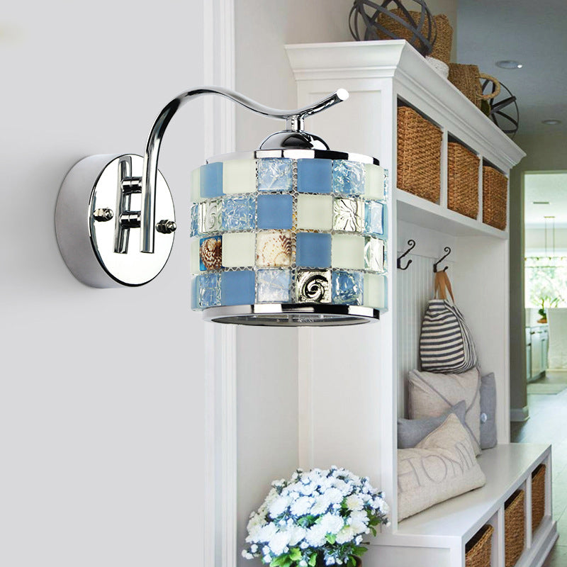 Cylinder-Shaped Wall Lighting Tiffany Mosaic Glass 1 Light Wall Fixture Light in Blue for Hallway Blue Clearhalo 'Industrial' 'Middle century wall lights' 'Tiffany wall lights' 'Tiffany' 'Wall Lamps & Sconces' 'Wall Lights' Lighting' 174337