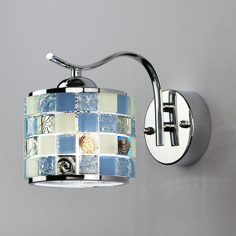 Cylinder-Shaped Wall Lighting Tiffany Mosaic Glass 1 Light Wall Fixture Light in Blue for Hallway Clearhalo 'Industrial' 'Middle century wall lights' 'Tiffany wall lights' 'Tiffany' 'Wall Lamps & Sconces' 'Wall Lights' Lighting' 174338