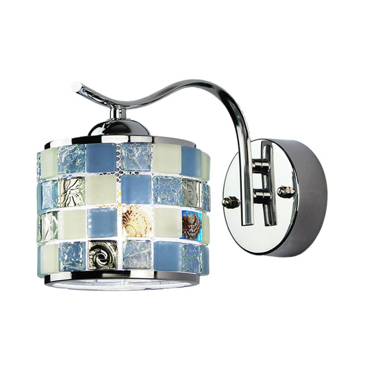 Cylinder-Shaped Wall Lighting Tiffany Mosaic Glass 1 Light Wall Fixture Light in Blue for Hallway Clearhalo 'Industrial' 'Middle century wall lights' 'Tiffany wall lights' 'Tiffany' 'Wall Lamps & Sconces' 'Wall Lights' Lighting' 174339