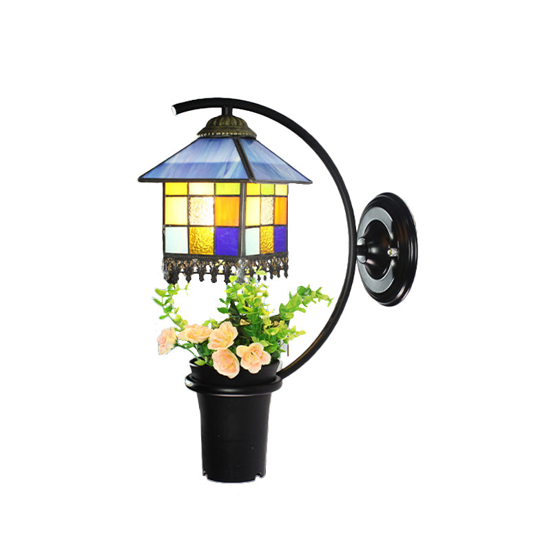 1 Head House Sconce Lighting Baroque Clear/Blue Stained Glass Wall Mount Light with Flower Decoration Clearhalo 'Industrial' 'Middle century wall lights' 'Tiffany wall lights' 'Tiffany' 'Wall Lamps & Sconces' 'Wall Lights' Lighting' 174353