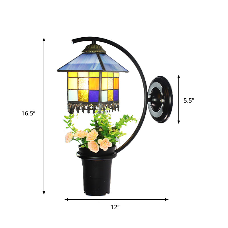 1 Head House Sconce Lighting Baroque Clear/Blue Stained Glass Wall Mount Light with Flower Decoration Clearhalo 'Industrial' 'Middle century wall lights' 'Tiffany wall lights' 'Tiffany' 'Wall Lamps & Sconces' 'Wall Lights' Lighting' 174354