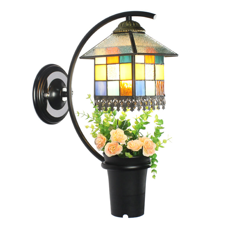 1 Head House Sconce Lighting Baroque Clear/Blue Stained Glass Wall Mount Light with Flower Decoration Clearhalo 'Industrial' 'Middle century wall lights' 'Tiffany wall lights' 'Tiffany' 'Wall Lamps & Sconces' 'Wall Lights' Lighting' 174356